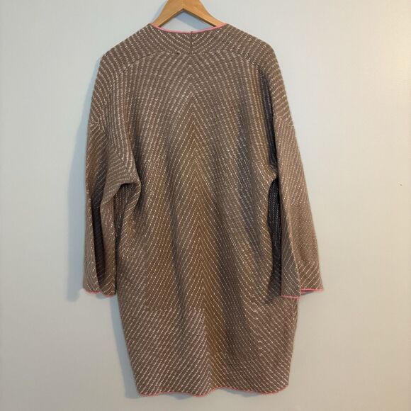 Maxsport Womens Oversized Cozy Sweater Cardigan Light Brown Cream Pink Trim Boho - Picture 4 of 6
